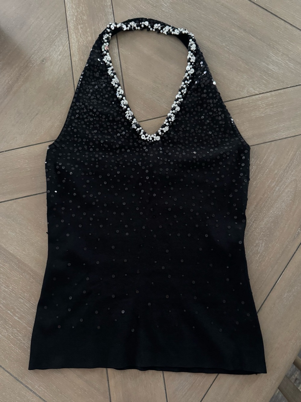 White House Black Market Black Halter Top with Sequined Details